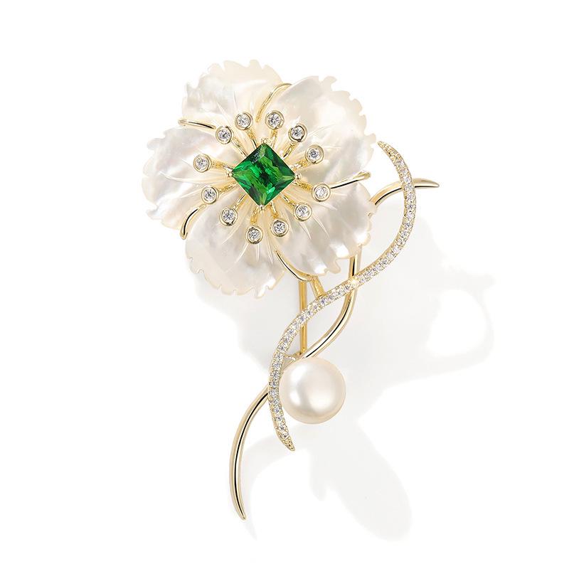 Bo Xin Yun Natural Shell Flower  Green Chalcedony Brooch - Elegant Suit Accessory
