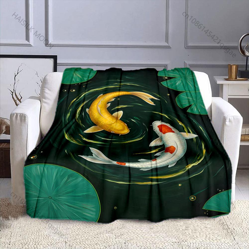 Multiple Sizes Two Koi Swimming Print Blanket Warm Soft Suitable for All Seasons for Home Sofa Travel Camping Picnics RV
