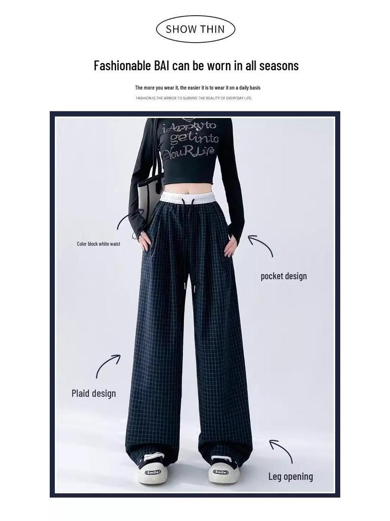 Damen High Waist Color Block Karomuster Weitbeinige Hosen für Frühling/Herbst - Lockere Passform, Kundenspezifische Länge, Gerades Bein, Casual-Stil