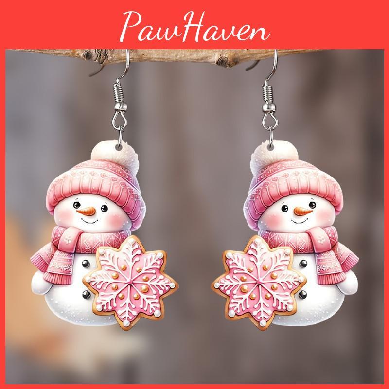 Christmas Theme Cute Cartoon Pink Hat Scarf Snowman Pattern Women Earrings For Seasonal Celebration