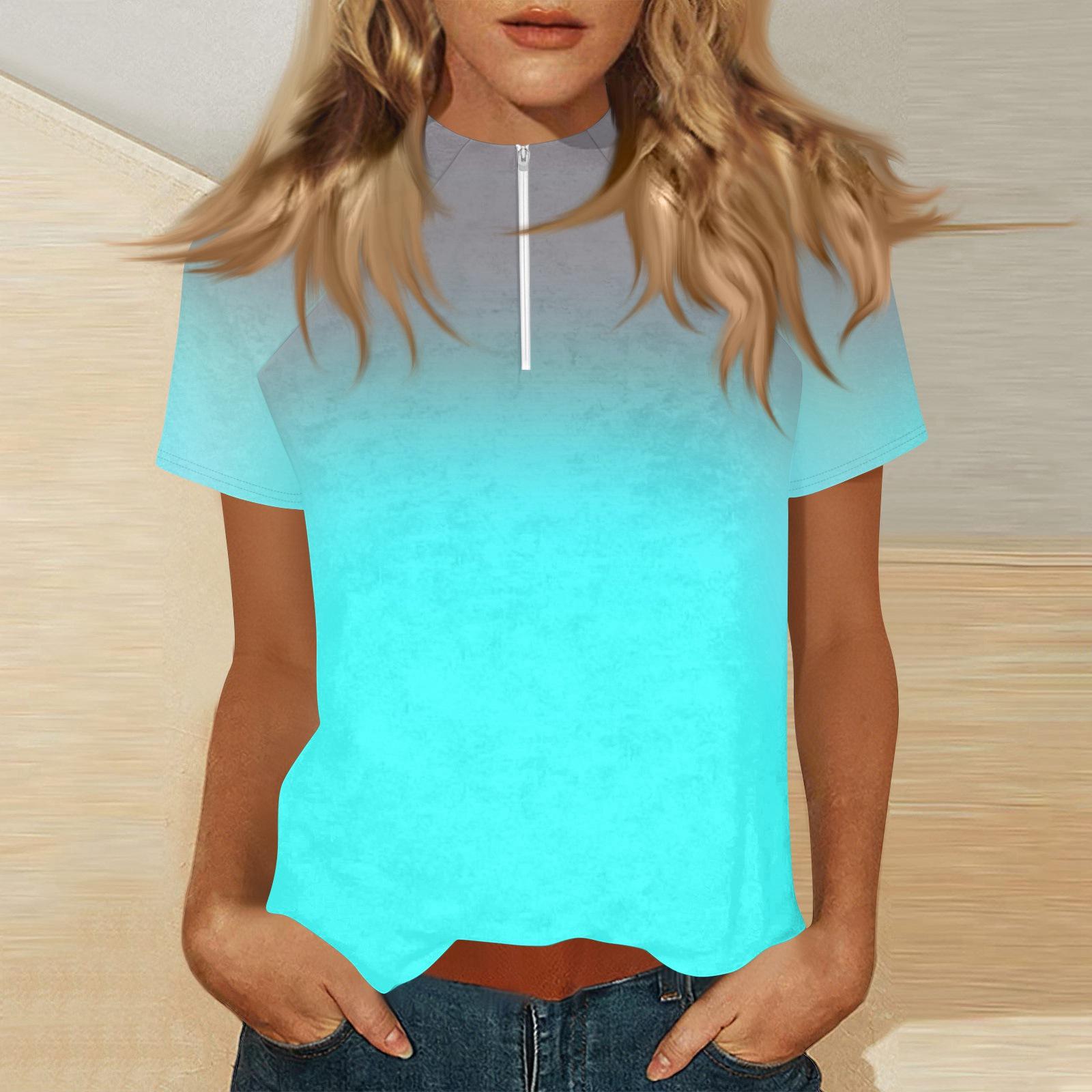 Женский топ с коротким рукавом и воротником-стойкой на молнии L циан