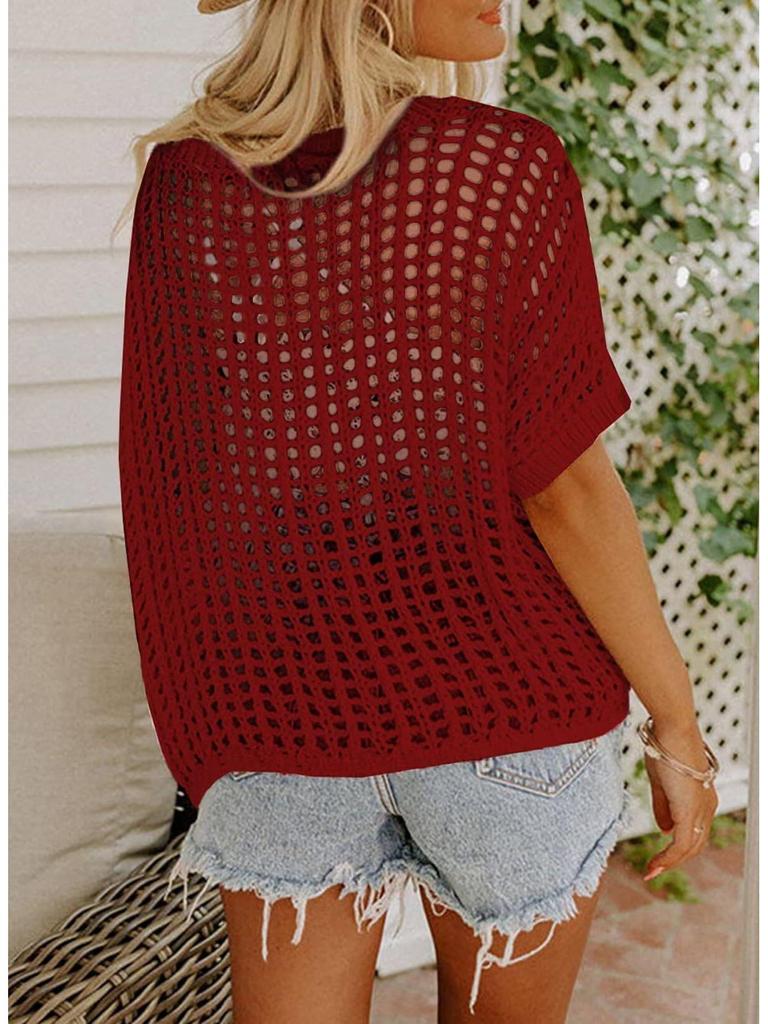 2025 Summer Women's Five-Sleeve Sexy Cutout Knit Beach Cover-Up Sweater