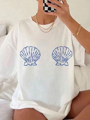 Women's White & Blue Tropical Seashell & Starfish Print T-Shirt - Soft Breathable Short Sleeve Beach Shirt, Loose Fit Casual Summer Top With Turquoise