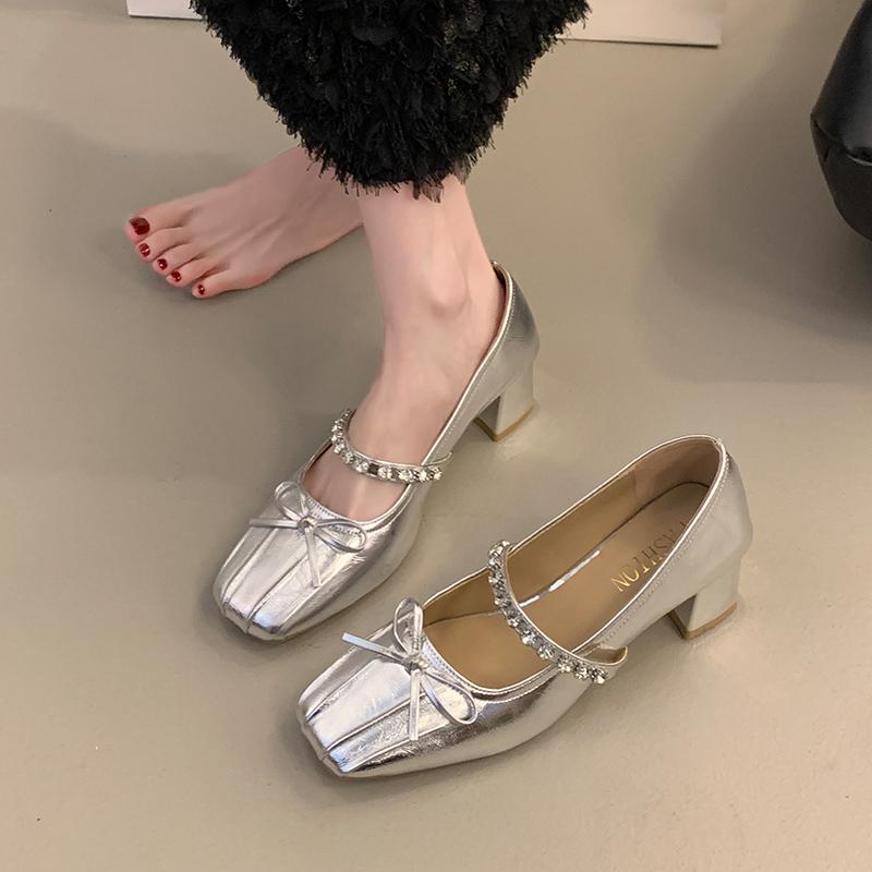Fashion Square Head Shallow Mouth Butterfly Knot Rhinestones with Single Shoes Spring New Anti-slip Wear-resistant Thick Heel Shoes