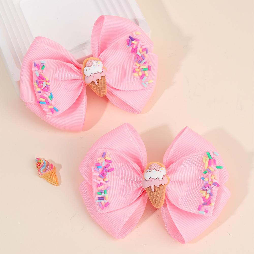 2Pcs Ice Cream Bow Hair Clips Cute Sweet Hairpins Handmade Ribbon Barrette For Girls Children Kids Summer Headdress Accessories