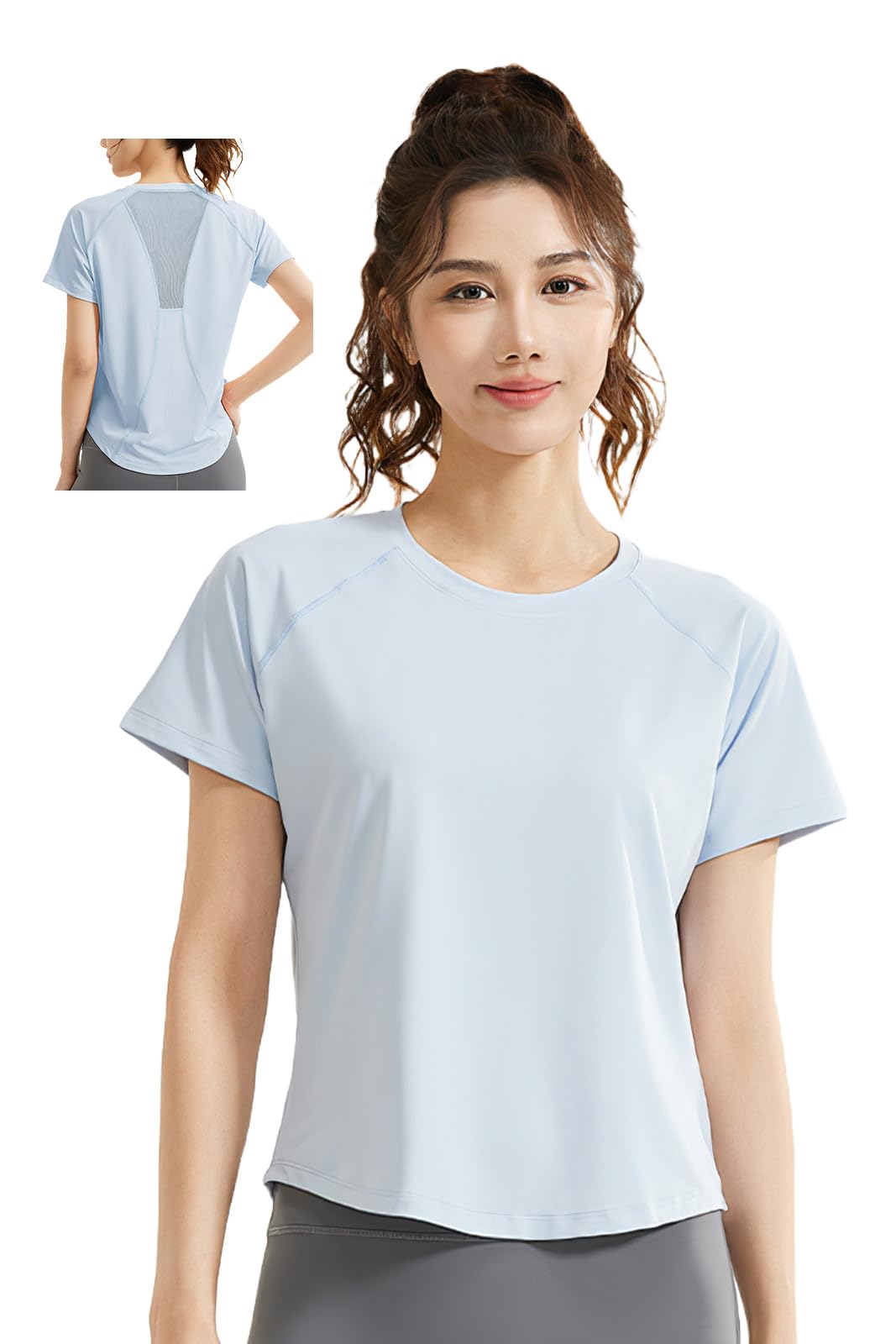 

MORGEN SKY Short Sleeve Yoga Activewear Top with Round Breathable Thin and Stretch and Perfect for and Fitness Women s Hem, Mesh, Fabric, Slimming, синий