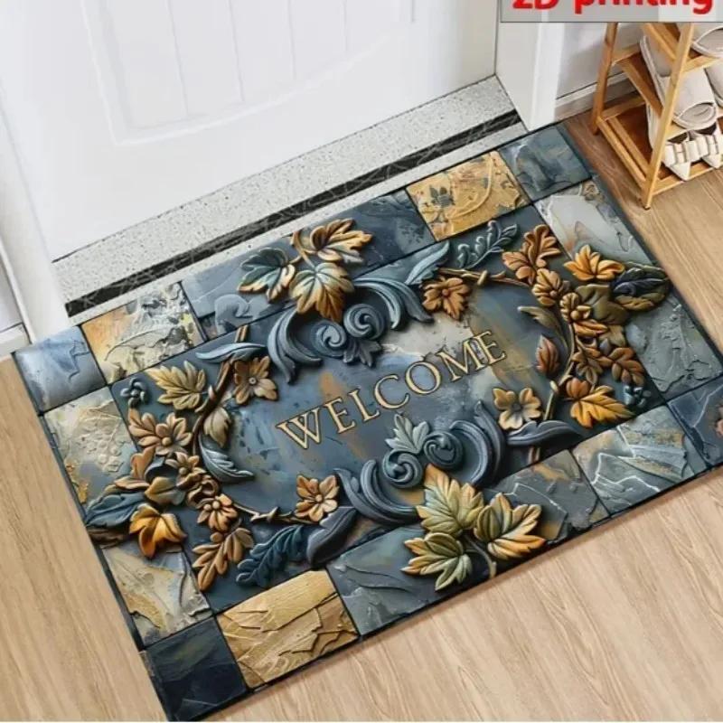 VIKAMA Vintage Stone-Effect Tile Doormat Anti-Slip & Noise-Reducing Entrance Hall Mat Bedroom Entrance & Bedside Rug Home Decor
