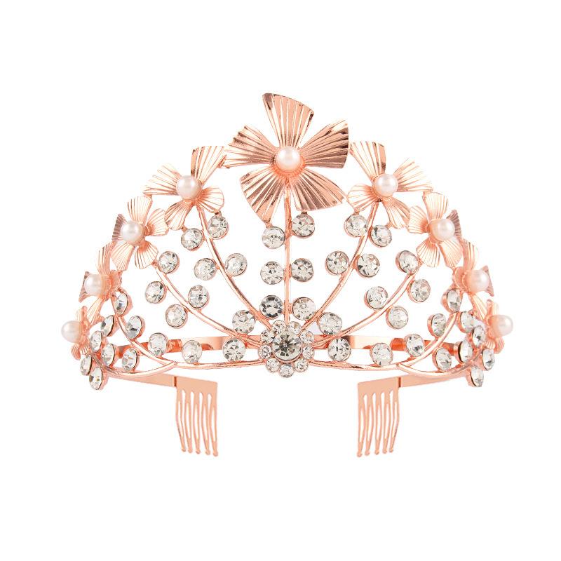 

Meier Bridal crown pearl flower metal hair accessories birthday rhinestone headband рожевий колір золота