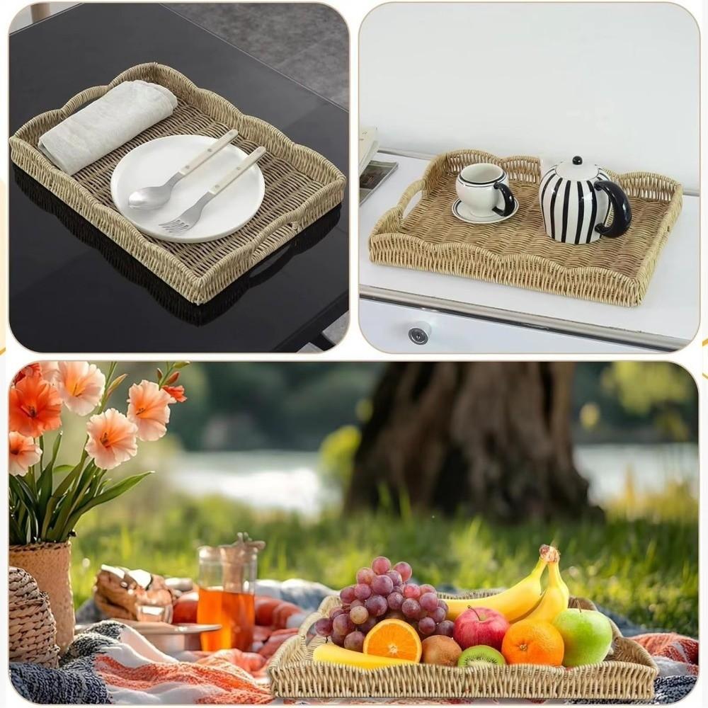 Large Capacity Food Serving Tray Rectangular Woven Decorative Platter Woven Storage Tray Household