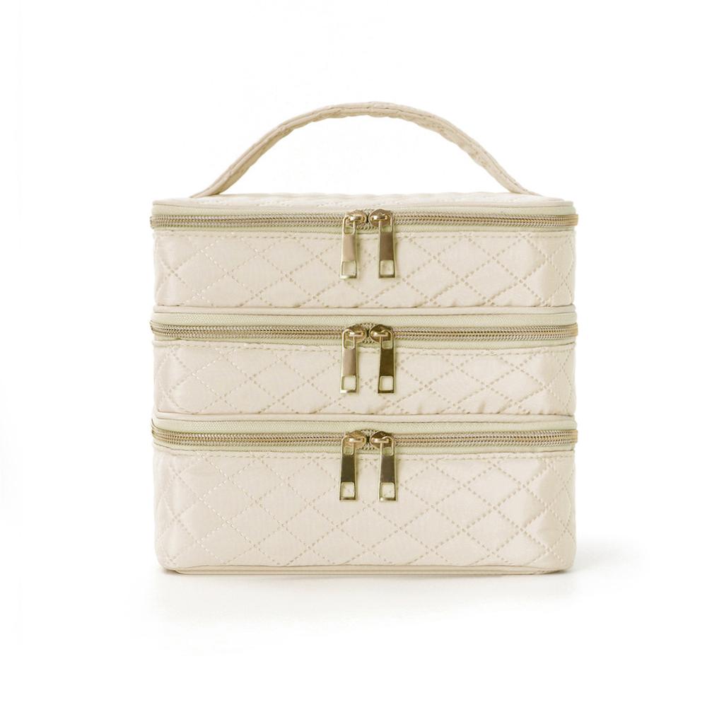 3 Layer Large Capacity Cosmetic Bag Quilted Multifunctional Portable Handbag for Women College Students Travel Dormitory