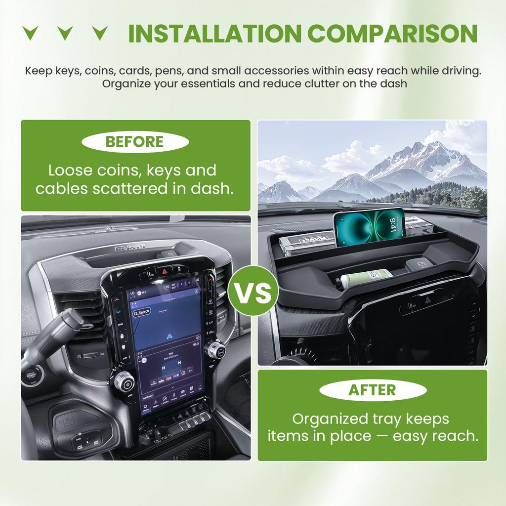 Center Console Dashboard Storage Organizer Tray for 2019-2025 Dodge RAM 1500 Interior Dash Board Behind Screen 12 Inches Car Box