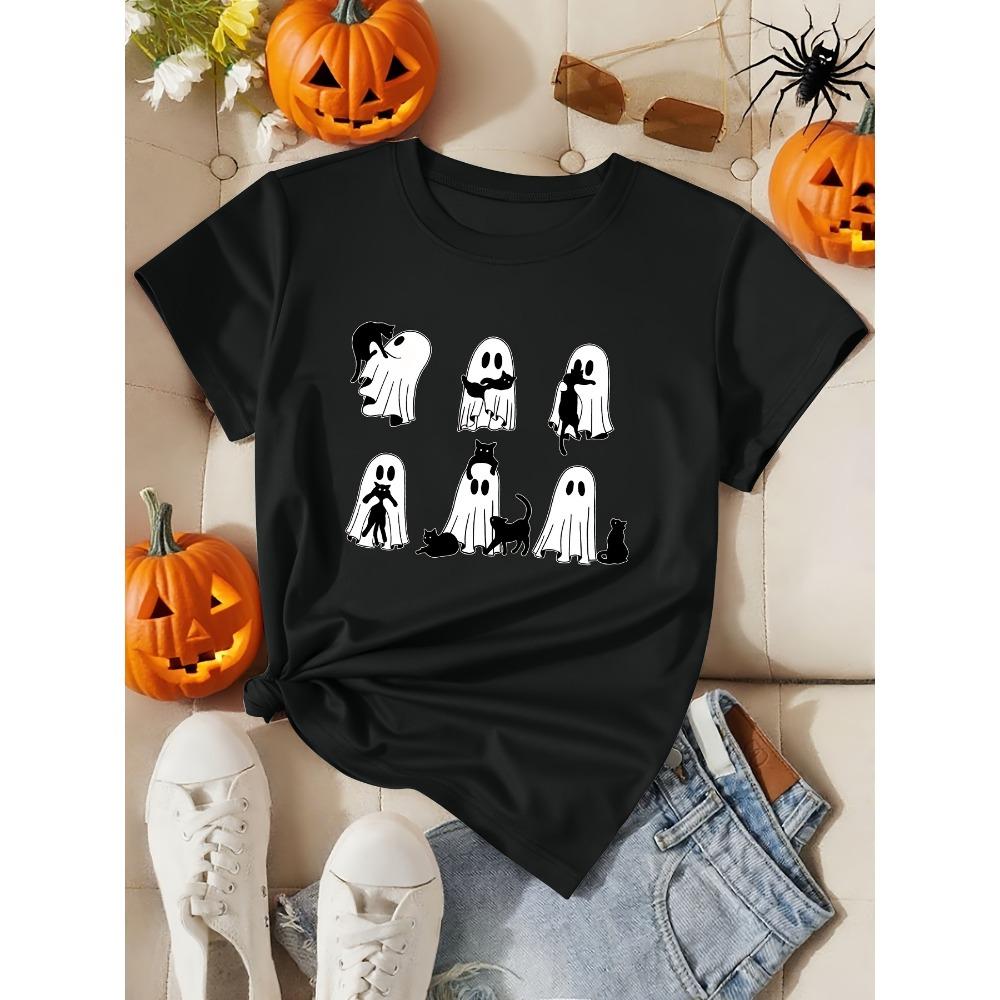 Ladies Halloween Ghost Pattern Casual T-shirt Black Cat Print Summer Sports Short Sleeve Vacation Pretend Fashion Women's Wear
