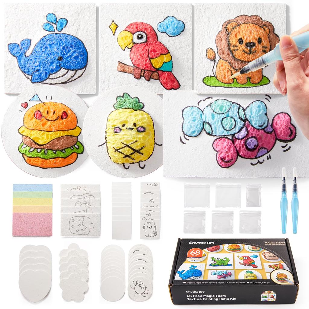 Shuttle Art Sponge Paper 68-Piece Set: 60 Water-Expanding Paper Sheets, 2 Water Brushes, 6 PVC Storage Bags, Refill Paper, Upgraded Version. Create Fl