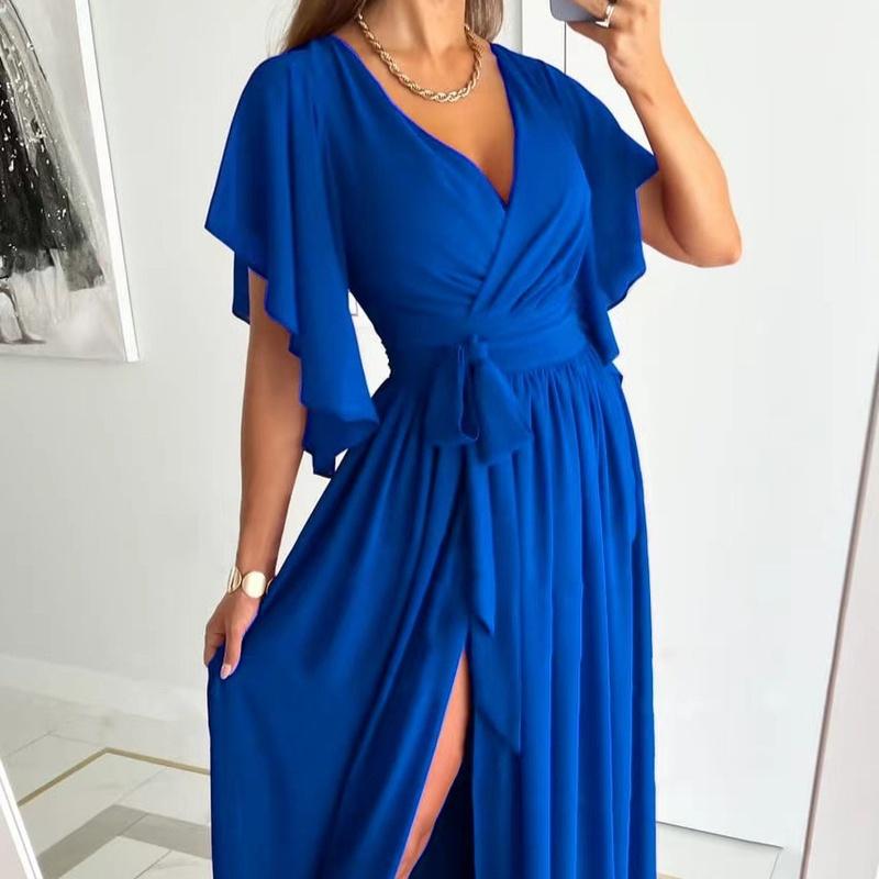 Women's V Neck Maxi Dress Short Sleeve Wrap Front High Slit Elegant Party Dress