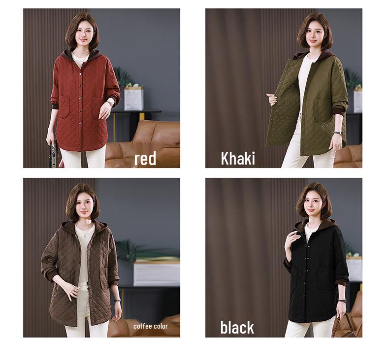 Women's 2024 Autumn/Winter Hooded Cotton Jacket – Loose, Quilted Diamond Pattern, Casual Fashion for Middle-Aged Moms