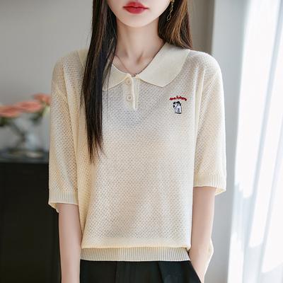 Summer New Embroidered Loose Pullover Lapel Knitted Sweater Short-sleeved T-shirt for Women