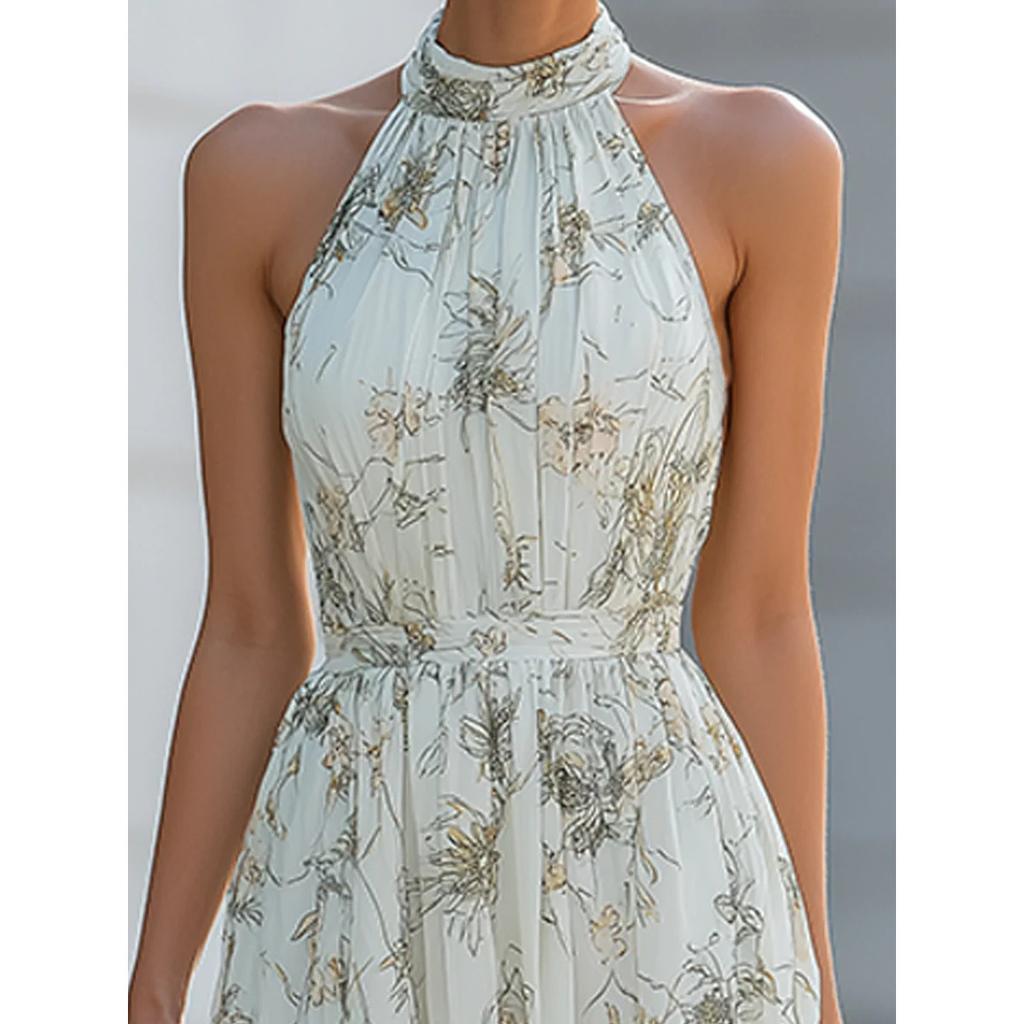 2026 Elegant Halter Neck Floral Maxi Dress for Women, Sleeveless Chiffon Flowy Long Dress, Summer Beach & Party Wear