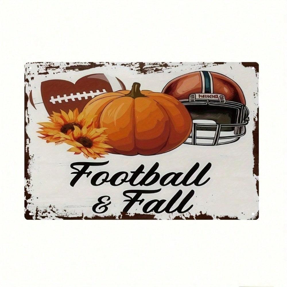 Vintage Metal Tin Sign 8x12, Football Helmet Pumpkin Sunflower Wall Decor, Rustic Fall Print