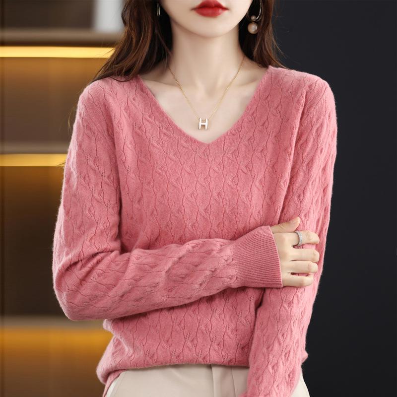 Women's V-Neck Loose Pure Wool Sweater - Autumn/Winter Knitted Base Layer Top