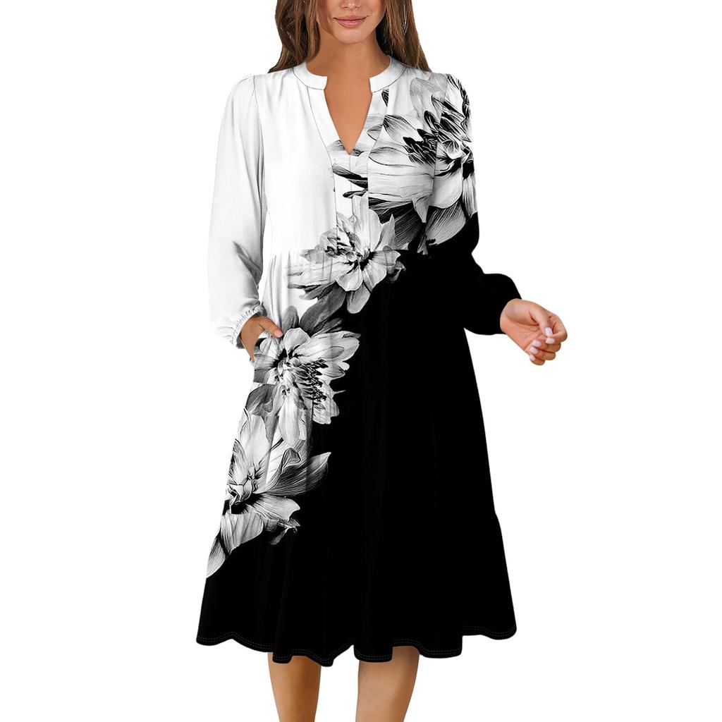Women's V-Neck Flowing Layered Bohemian Long Sleeve Floral Print Dress