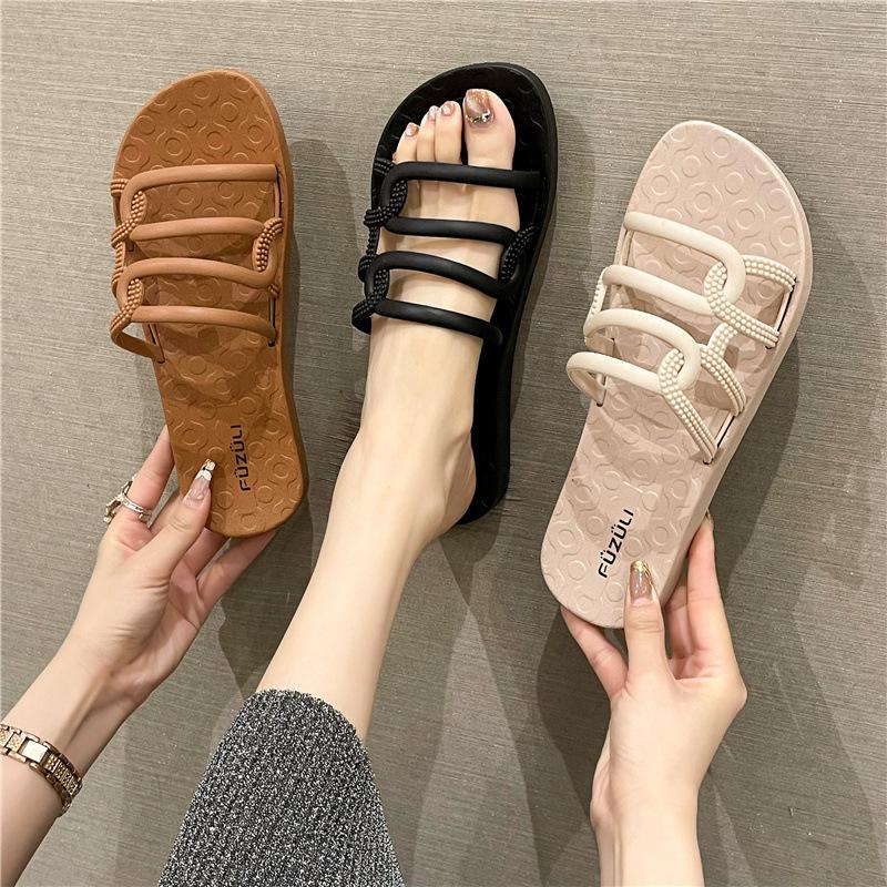 Korean Version of One-character Hollow Slippers Female Outer Wear Fairy Style Home Simple Flat-bottomed Slippers Casual Open-toed Cool Slippers