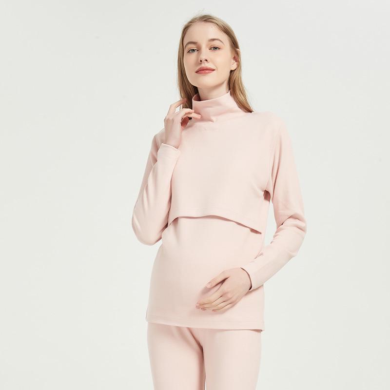 Soft Cotton High Neck Maternity Nursing Top with Horizontal Opening for Breastfeeding, Thickened for Warmth - Autumn/Winter.