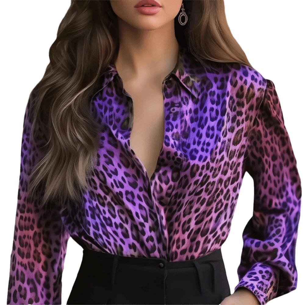 Button Up Satin Silk Blouse Women's Tops Leopard Print Blouse Fashion Long Sleeve Shirt  Office