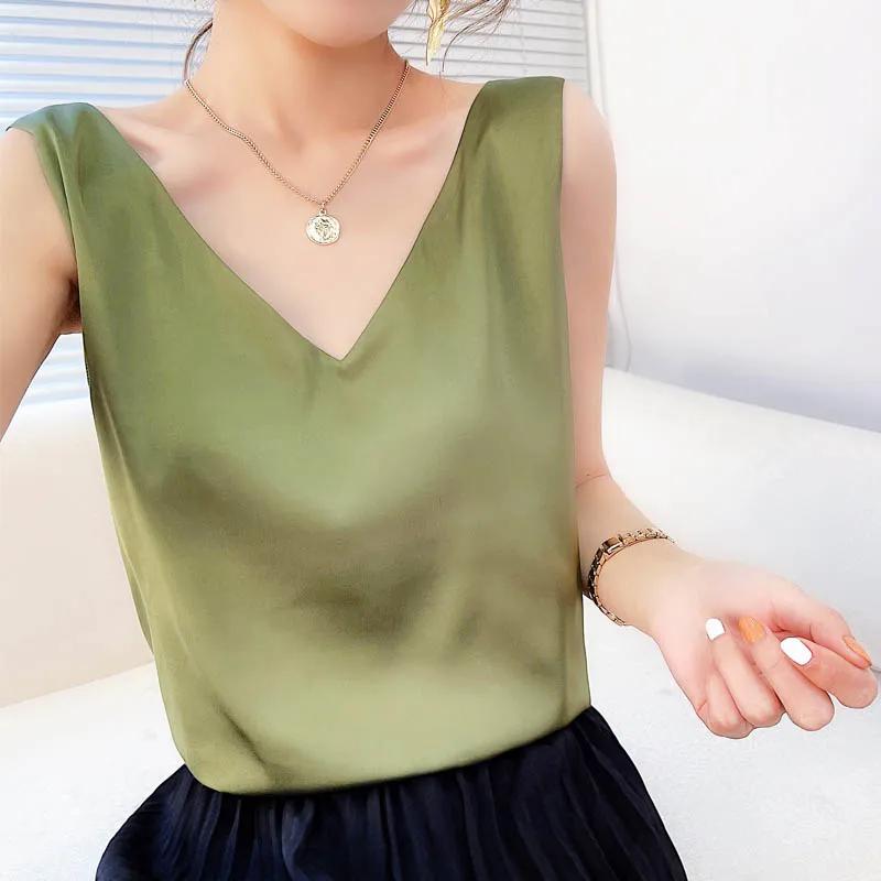Canotta da donna con cinturino e scollo a V, canotta basic in seta senza maniche, canotta estiva femminile taglie forti