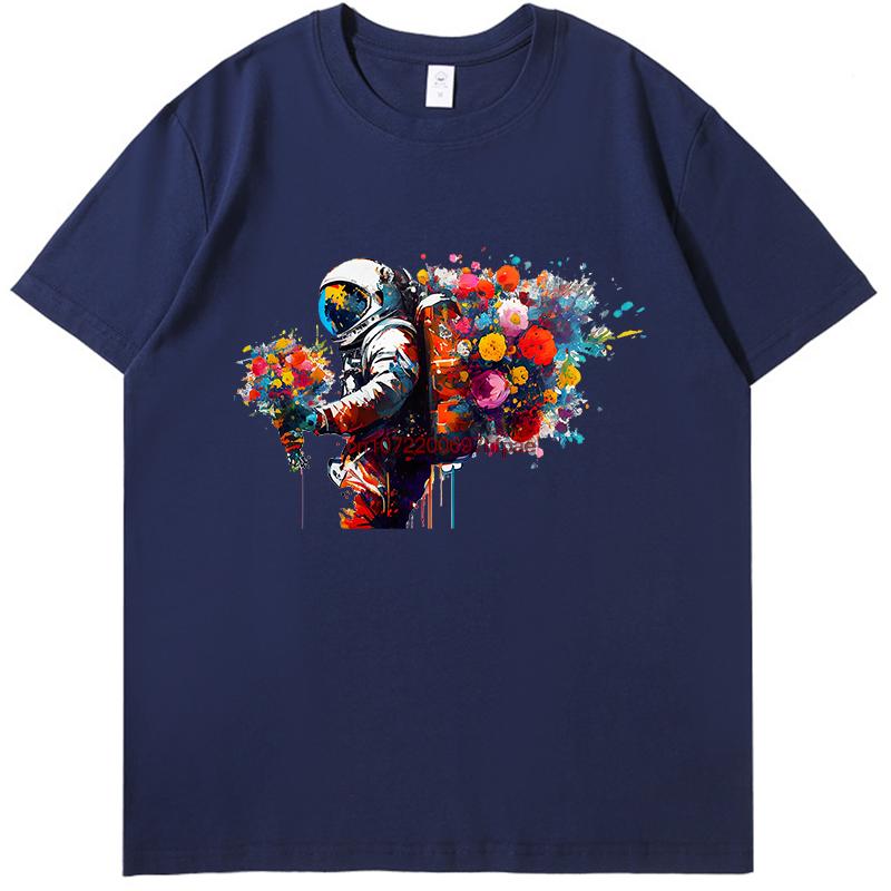 Astronaut Bouquet Flowers Burst Oil Painting Fashion Print T Shirt Summer Cotton Short Sleeve Tshirts Unisex Oneck T Shirt