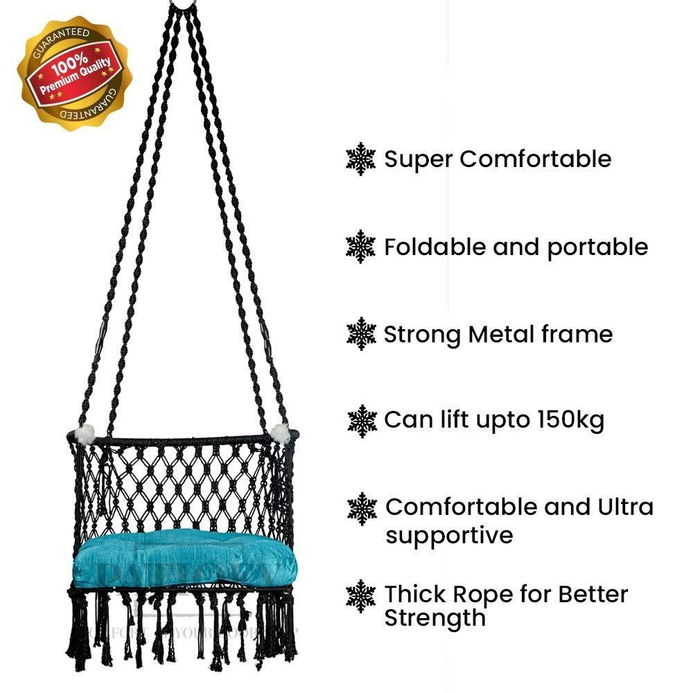 Premium Cotton C-Swing Chair for Adults, Kids Hammock-Hanging Chair Swing with Blue Color Cushion and Accessories (Black-Blue)