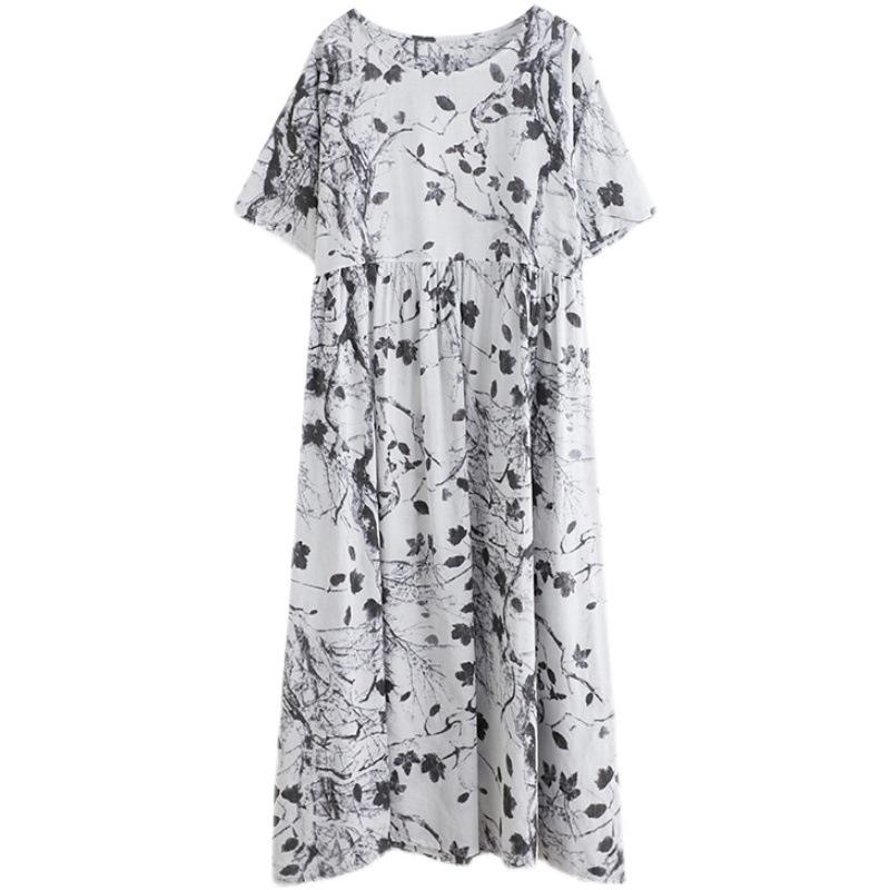 Summer Chubby MM Loose Slimming Printed Cotton Linen Short Sleeved Dress for Women