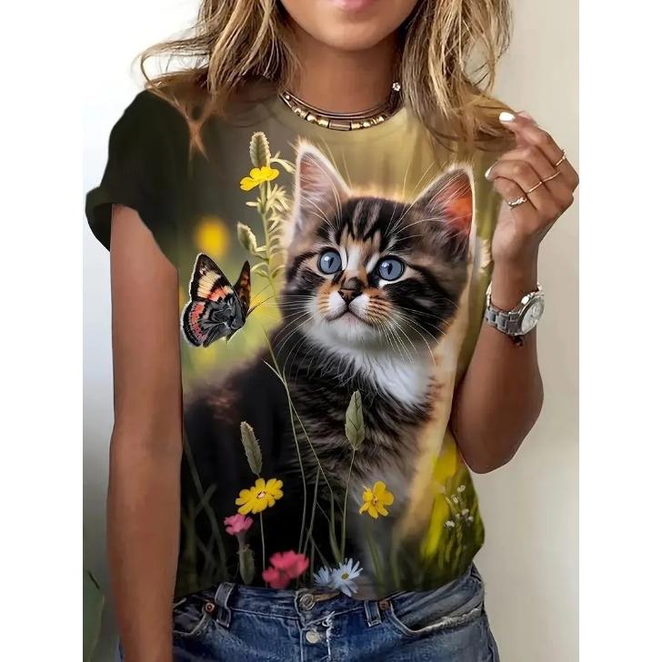Round Neck Short Sleeved Animal T-shirt with Fish Tiger Horse Pattern 3D Printed Women's T-shirts