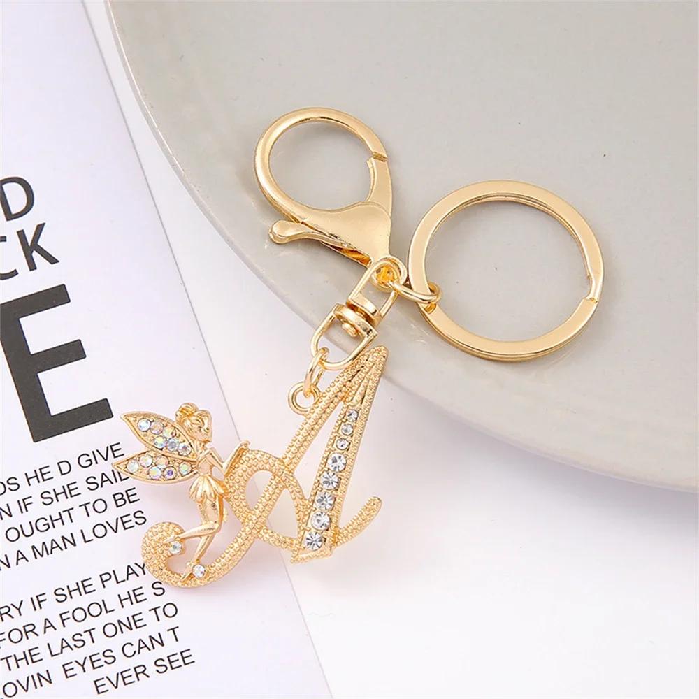A-Z Rhinestone Elf Girl Letter Keychain Gold Color Initial Name Keyrings Girls Car Key Holder Handbag Purse Charms Decoration