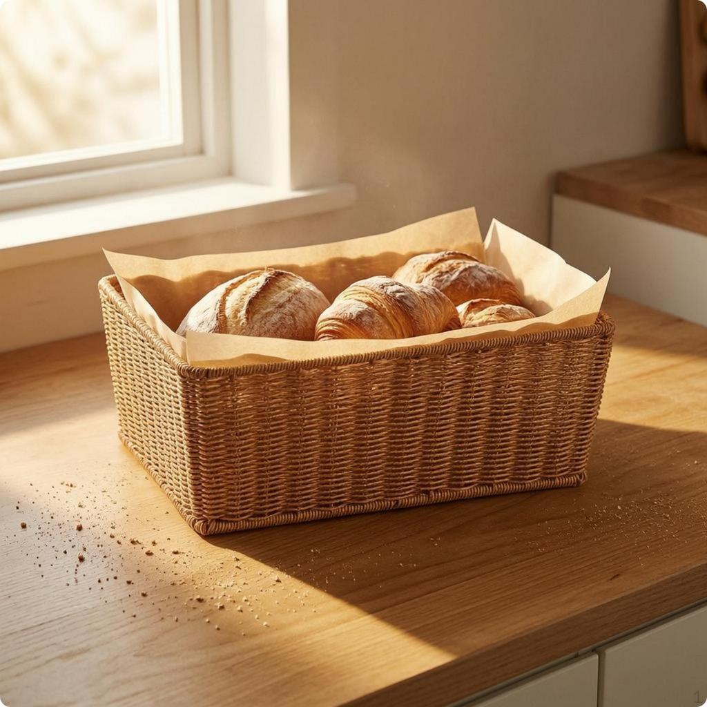 Rectangular Woven Basket Handwoven OpenTop Storage Reinforced Rim for Kitchen Counter, Table