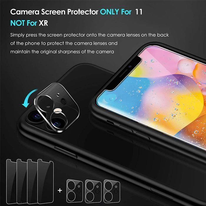 Verre trempé compatible avec iphone 11, 3 pièces verre trempé + 3 pièces caméra arrière protecteur, dureté 9h sans bulles film