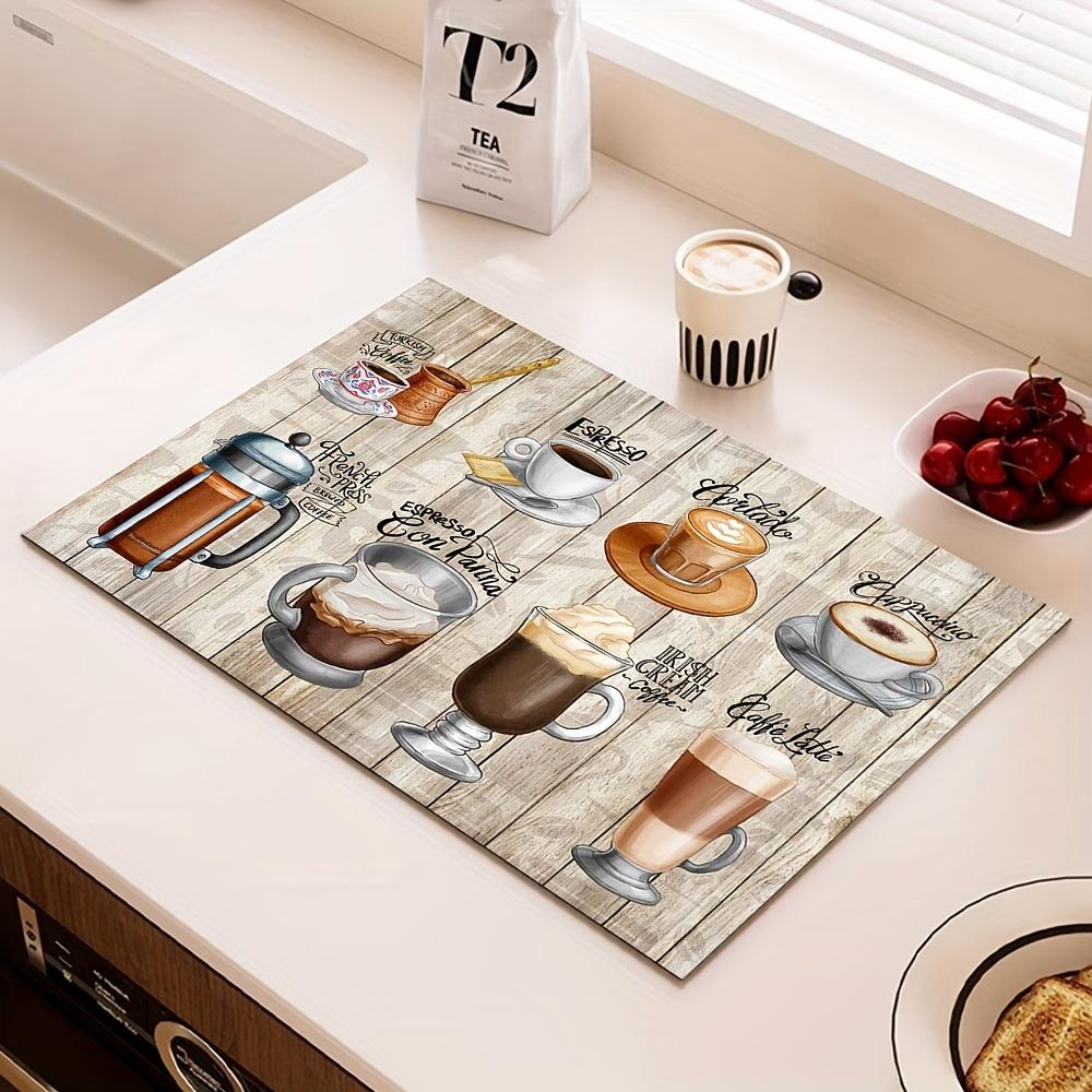 1Pcs Rubber Drying Mat With Vintage Wood  Coffee Print For Coffee Shop Kitchen Carpet Tableware Durable Diatom Mud Table Mat Pet Mat Coffeeware
