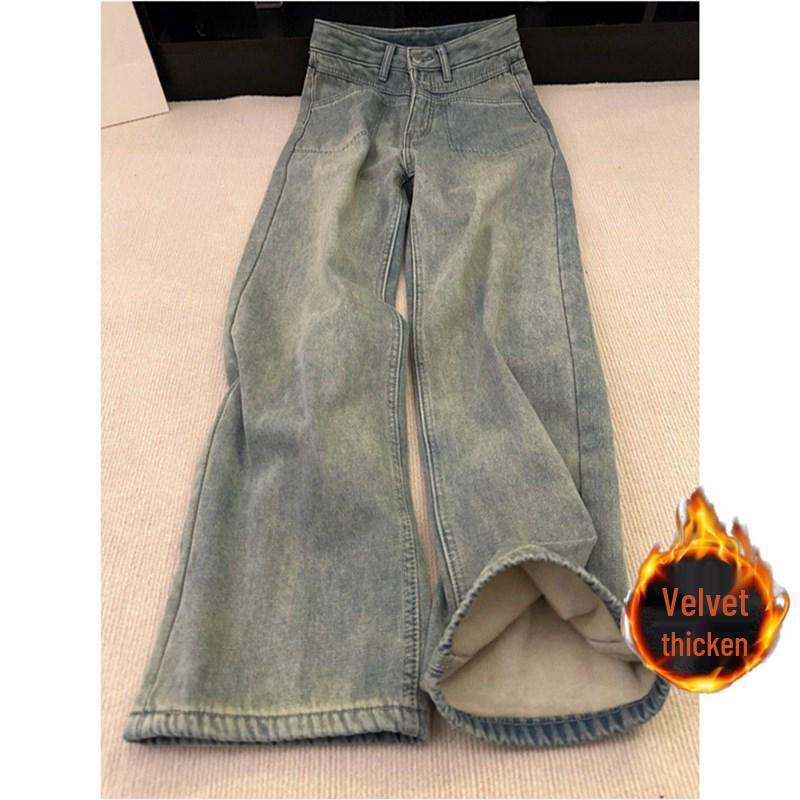 

Velvet High-Waisted Wide-Leg Jeans for Women – Winter Slimming Straight Floor-Length Pants 2XL