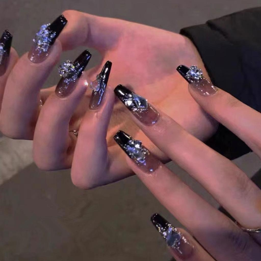 Dark Black Star French Fake Nails Women DIY Manicure Kit Tool for Professional Salon Daily Use