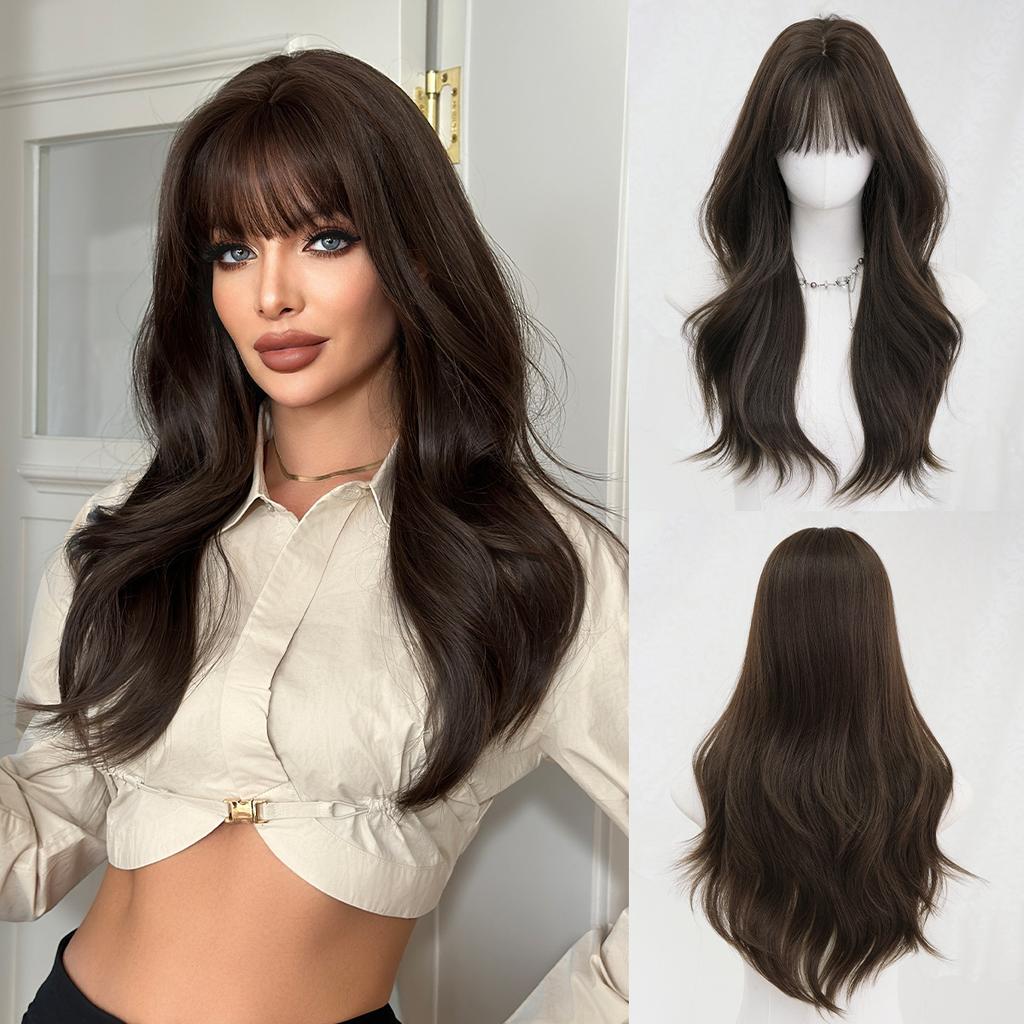 Women’s Natural Black Tea Brown Long Curly Wig with Blunt Bangs Full Wig for Daily Wear