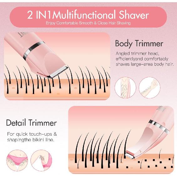 Electric Bikini Trimmer for Women - 2 in 1 Electric Lady Pubic Hair Groomer Painless Hair Removal Razor Body Shaver, Portable Ladies Shaver with 2