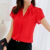 Summer Chiffon Shirt Stand Collar V-neck Petal Short Sleeve Pullover Tops Solid Color Thin Women Blouse Workwear