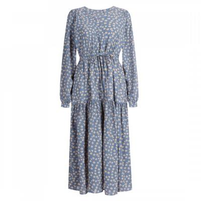 Shop   Women Waist String 2 Layer Frill Floral Long Sleeve Long Dress Blue Th Uw