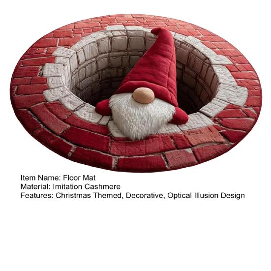 3D Christmas Rug Santa Claus Gnome Quilted Round Floor Mat Optical Illusion Depth Pattern Decorative Area Rug for Living Room Bedroom