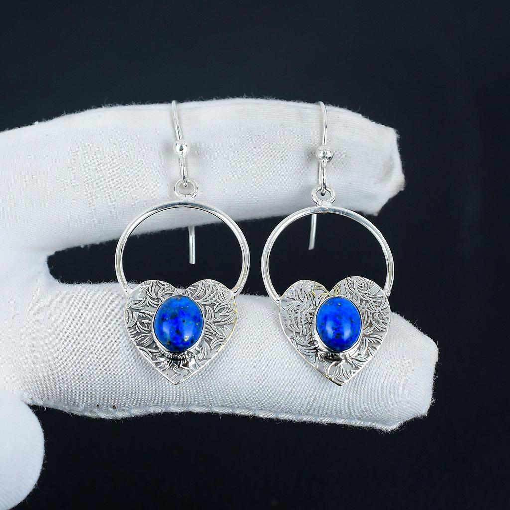 Natural Lapis Lazuli Gemstone Heart Shape Earrings, 925 Sterling Silver Earring, Handmade Boho Silver Jewelry Dangle Earrings, Mother's Day Gift