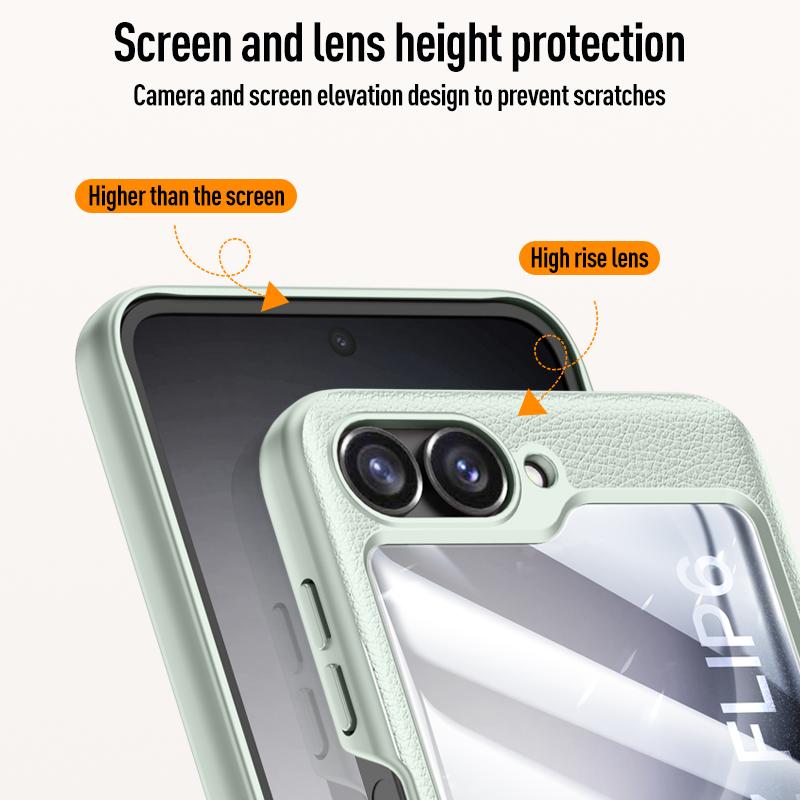 Leather Hinge Tempered Glass Film Case For Samsung Galaxy Z Flip 6 5 5G Skin Feel Lens 360 Protection Slim Cover Shell Fundas