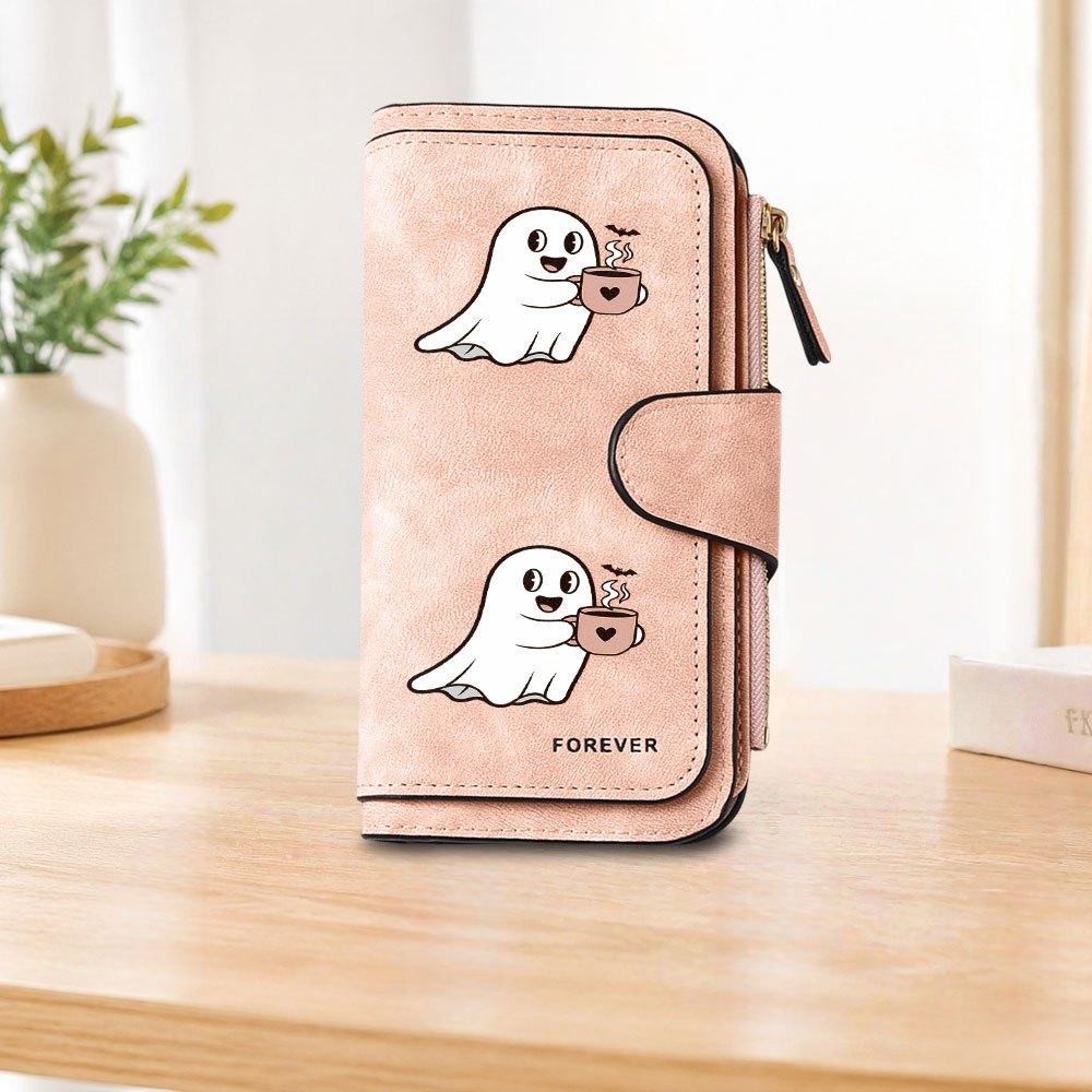 Cute Ghost Pattern Coffee Color Long Zipper Wallet Large Capacity Card Holder Unisex Clutch Bag Fashionable Zipper Coin Purse Perfect for Daily