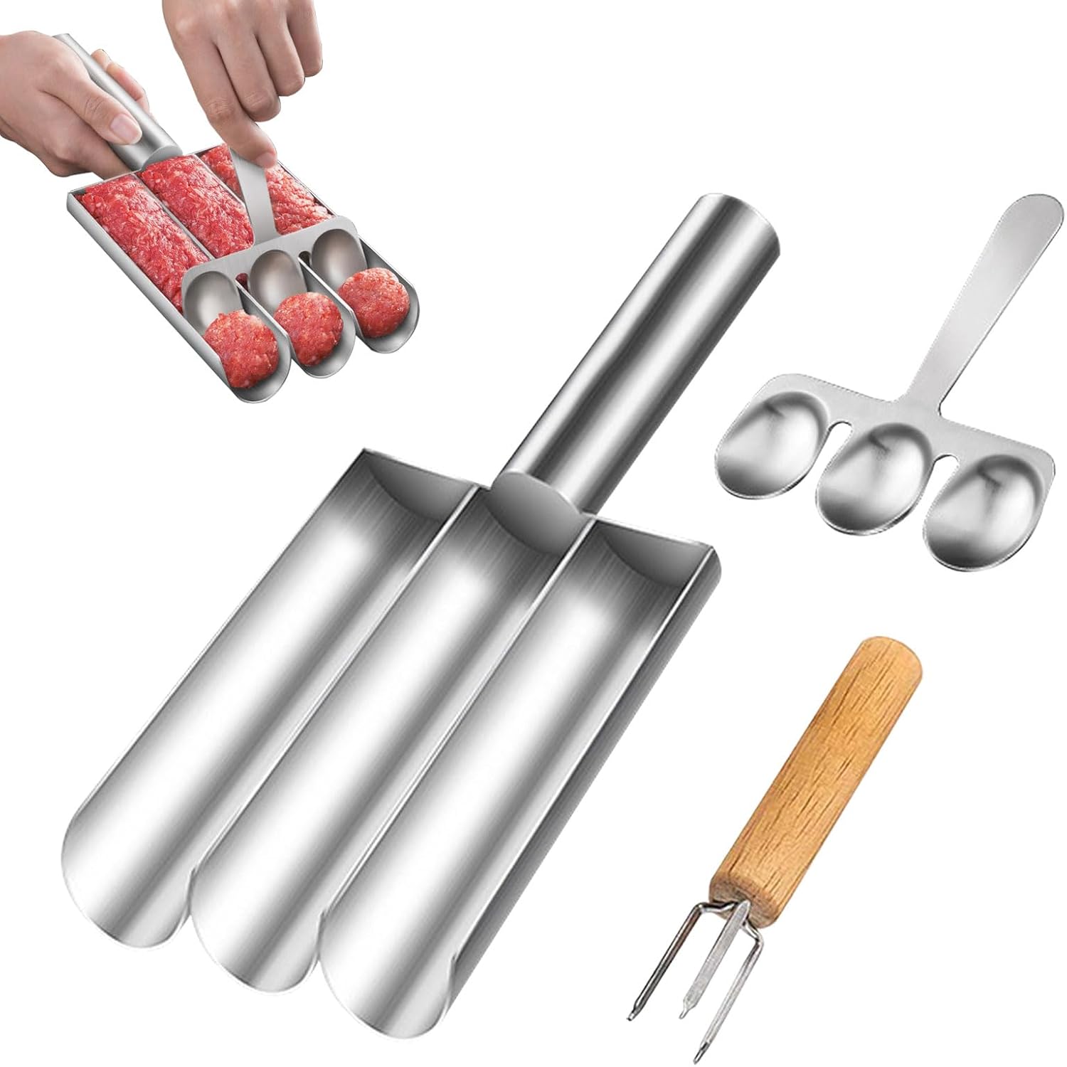 Machine à Boulettes de Viande Triple, Fabricant de Boulettes de Viande en Acier Inoxydable, Faire des Boulettes de Viande Moule, avec Cuillère Triple 3pcs