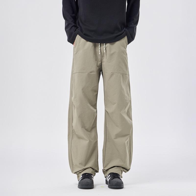 American fashion trendy brand elastic waist paratrooper pants boys solid color versatile loose wide leg drape casual straight-leg pants
