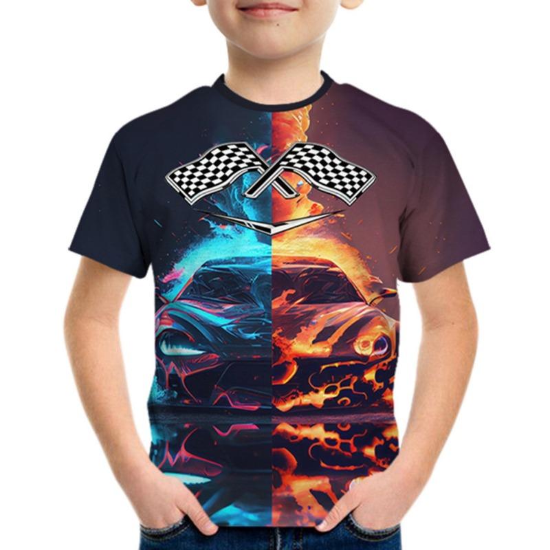 Mode Rennwagen Muster 3D-Druck Jungen Kreatives T-Shirt Lässig Leichtes Kurzarm Rundhals T-Shirt Tops Kinderkleidung Sommer