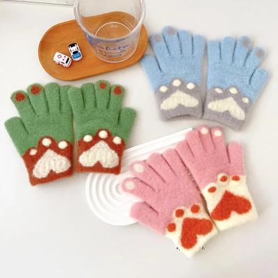 1 Paar warme süße Kinderhandschuhe für Jungen und Mädchen, süße Cartoon-Kätzchenpfotenhandschuhe für Kinder, Herbst- und Winterhandschuhe, warm, pelzig, für den Außenbereich